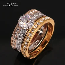 Anti Allergy 3 Rounds Cubic Zirconia Paved Engagement Rings Sets Rose Gold Color Crystal Wedding Jewelry For Women Anel DFR107