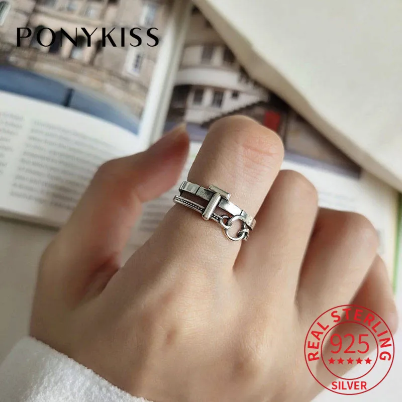 

PONYKISS 100% 925 Sterling Silver Letter T Design Adjustable Opening Ring Women Creative Vintage Jewelry Party Simple Chic Gift