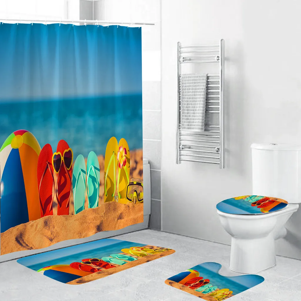 

4Pcs/Set toilet washroom bathroom accessories Non-Slip Beach Design Toilet Cover Mat Set +Carpet +Bathroom Shower Curtain F701