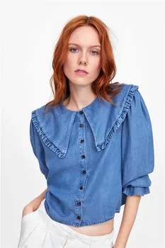 

Gentlewoman High Fashion Beautiful Pental Sleeve Ruffles Collar Design Denim Shirts 2019 Sweet Lady Tencil Cotton Denim Shirts