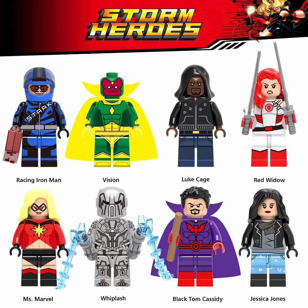 

Marvel Iron man Super Heroes Racing spiderMan Vision Red Widow Luke Cage Whiplash Models Building Blocks Children Toys figures