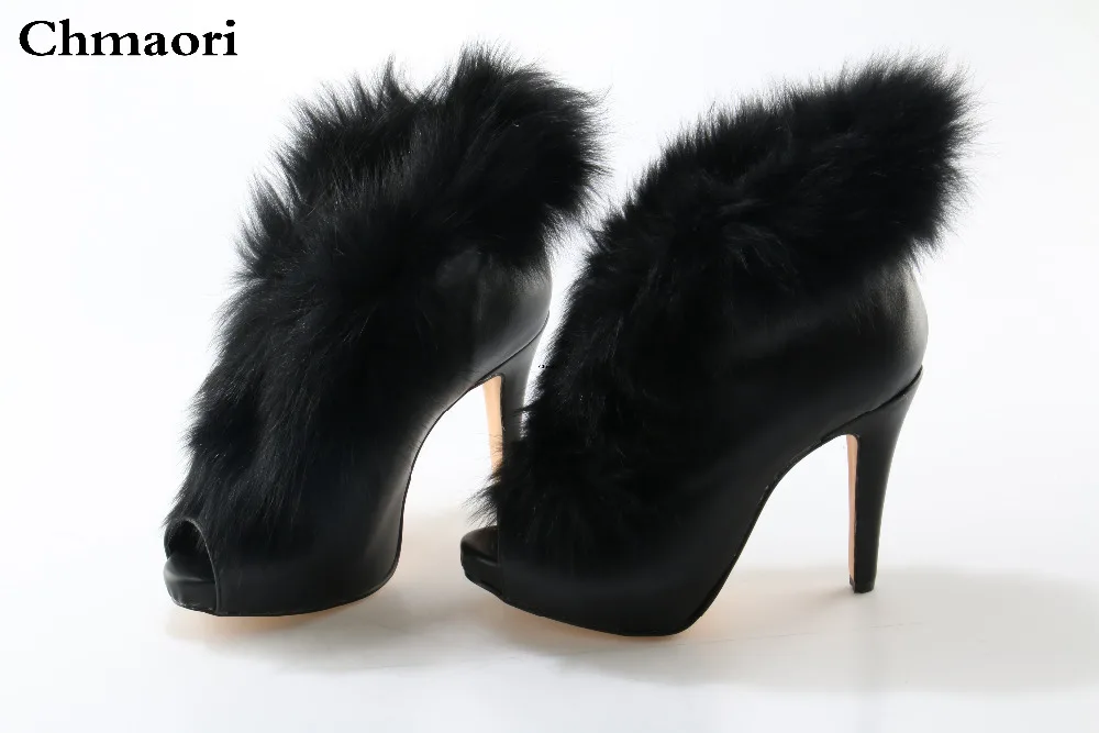 Hot 2017 New Western Style Fashion Women Solid Black Zip Back Open Toe Big Fox Fur Thin Heels Short Boots Luxury Sandals Boots open back solid skinny bodysuit