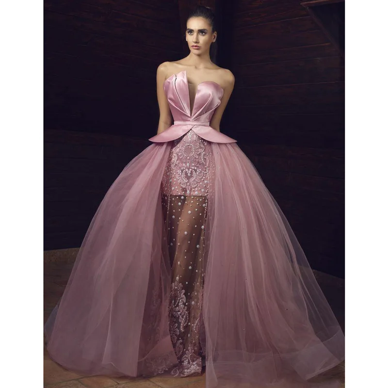 

Gorgeous Pearls Illusion Pink Prom Gowns Detachable Train Beads Arbric 2018 Long Evening Gowns Pageant Party Dress Formal Wear