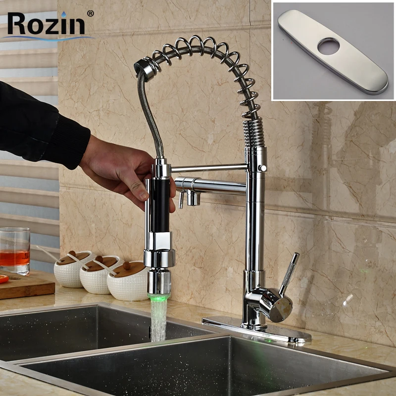 

Chrome Single Handle Kitchen Mixers Crane Deck Mount RGB Light Hot and Cold Water Taps Dual Spout
