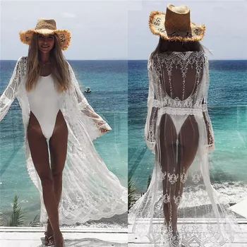 

Sexy See Through Long Sleeve Beach Dress Women Solid White Lace Summer Beach Cover Up Women Beachwear Tunic Sarong Lady Cardigan