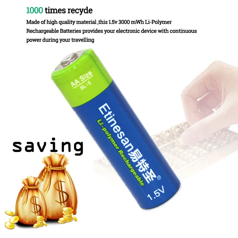 Etinesan 1.5V AA 3000mWh Rechargeable Battery Lithium polymer Batteries Apply to Camera Wireless Mouse Toy ect. Etinesan 1.5V AA 3000mWh Rechargeable Battery Lithium polymer Batteries Apply to Camera Wireless Mouse Toy ect.