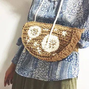 

Floral Straw Waist Bag Women Handmade Round Rattan Woven Shoulder Bag Summer Bohemian Beach Crossbody bags Belt Waist Pack