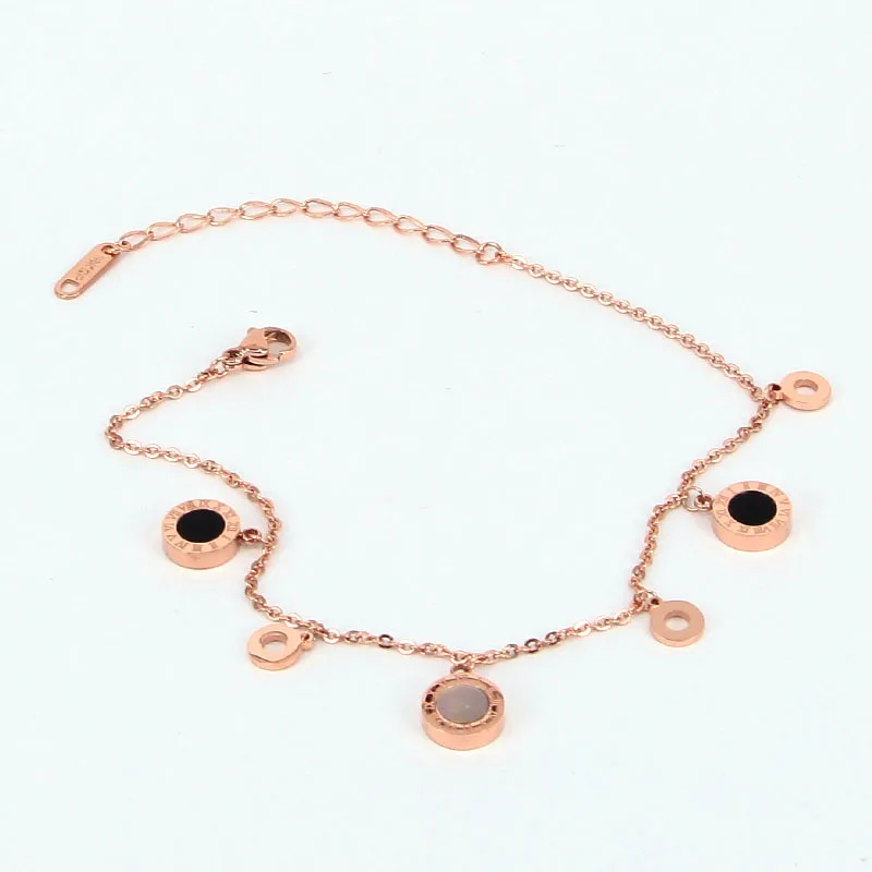 

Fashion Stainless Steel Rose Gold Color FOOT CHAIN Roman numerals Shel Round Circle Chain Anklet bracelet Woman Beach Party Gift