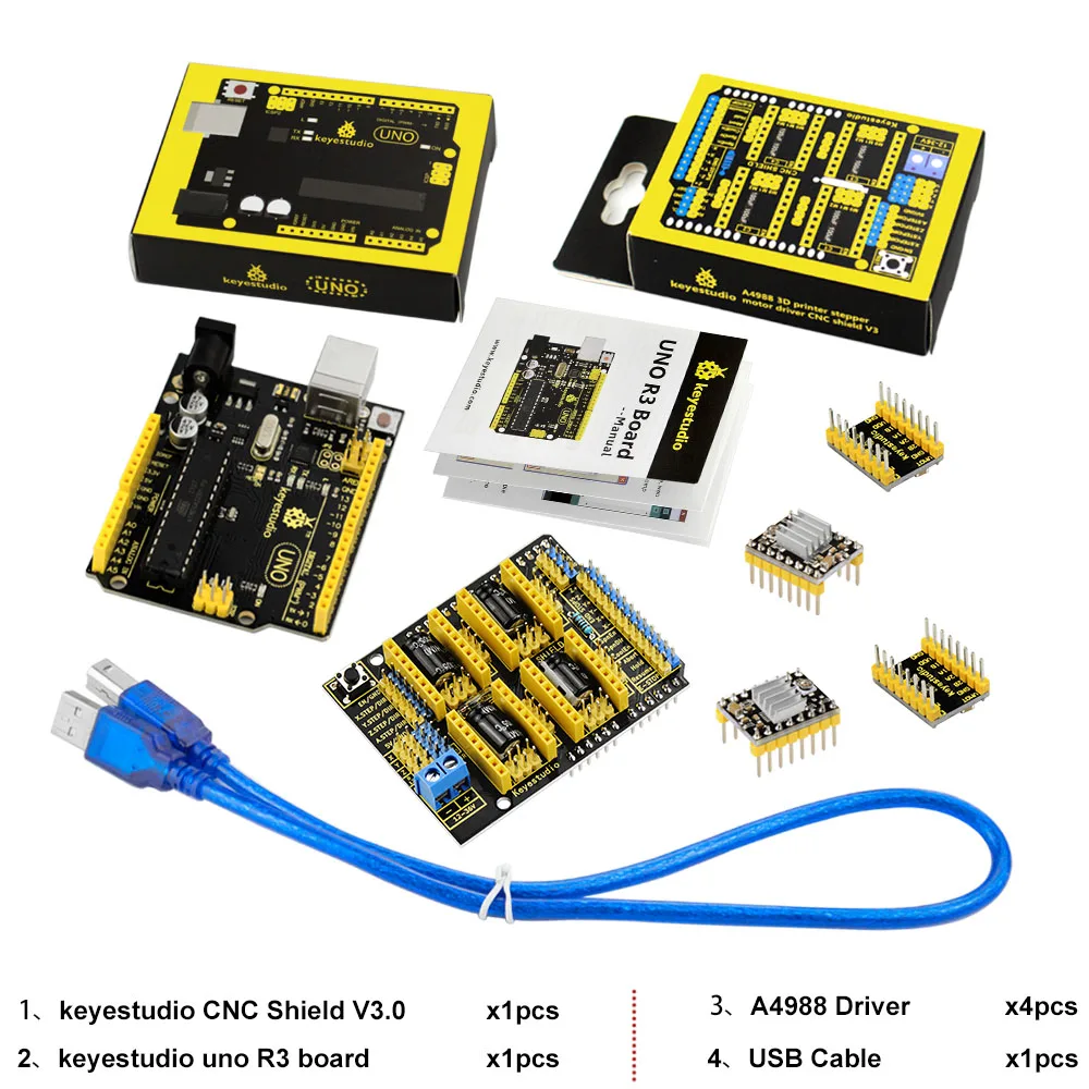 Keyestudio CNC Комплект для arduino CNC Shield V3+ UNO R3+ 4 шт A4988 Драйвер/GRBL совместимый