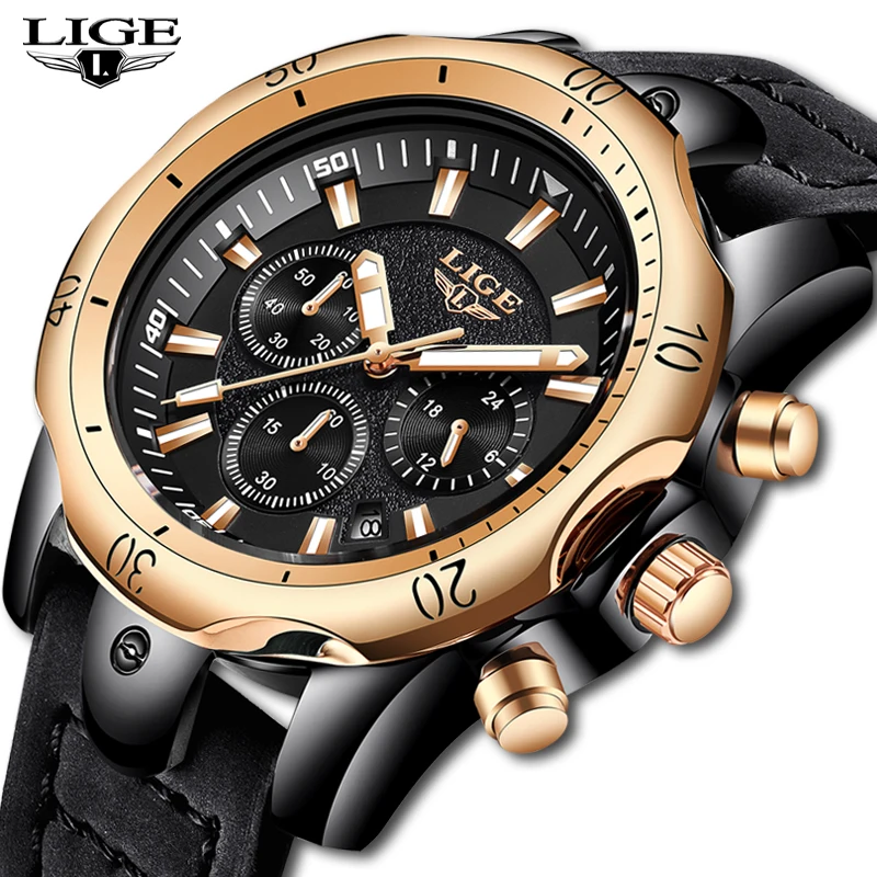 

LIGE Mens Watches Top Brand Luxury Military Sport Watch Men Leather Waterproof Rose Gold Watch Quartz Watch Relogio Masculino