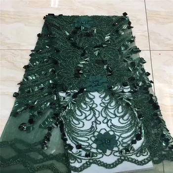 

2019 Latest African Lace Fabric High Quality Green Lace Nigerian Lace Fabric with Sequins High Quality 3d Lace With Beads 5yards
