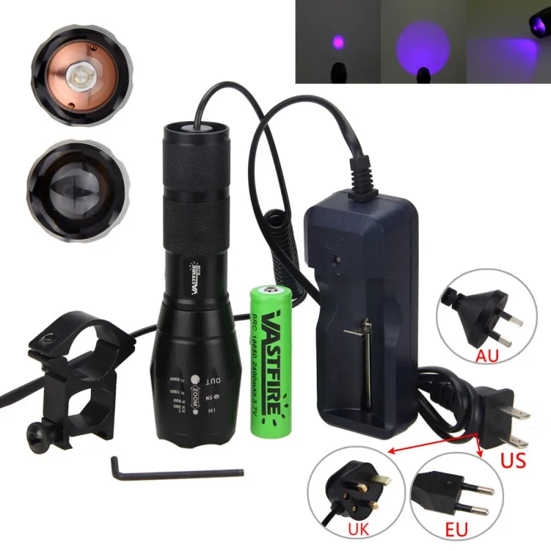 

UV Ultra Led Hunting Light Tactical Violet Purple Blacklight Flashlight+18650 Battery+Charger+Gun Scope Mount+Remote Switch