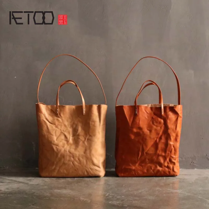 

BJYL New handmade genuine leather handbag women retro shoulder bag hand grab pleated vegetable tanned leather art tote bag