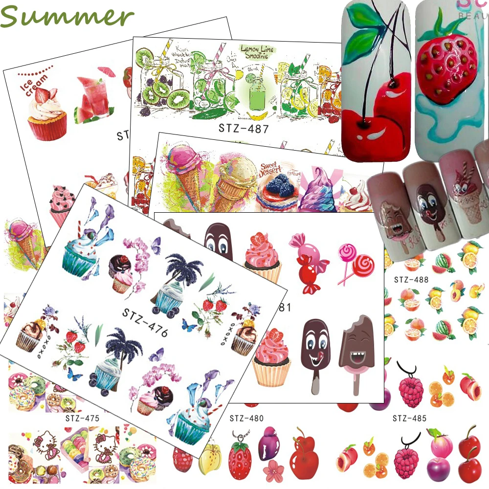 18 pz 2018 Hot Torta Gelato Nail Sticker Misti Disegni Colorati Donne di Trucco Acqua Tatuaggi Decal anie di Arte Del Chiodo CHSTZ471 488 in 18 pz 2018