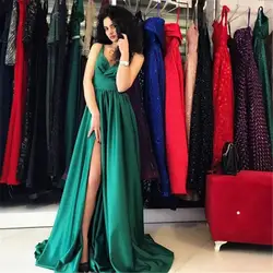 Зеленый атлас длинные элегантные горничной платье 2019 высокий разрез пикантное Длинные свадебные платья индивидуальный заказ для женщин