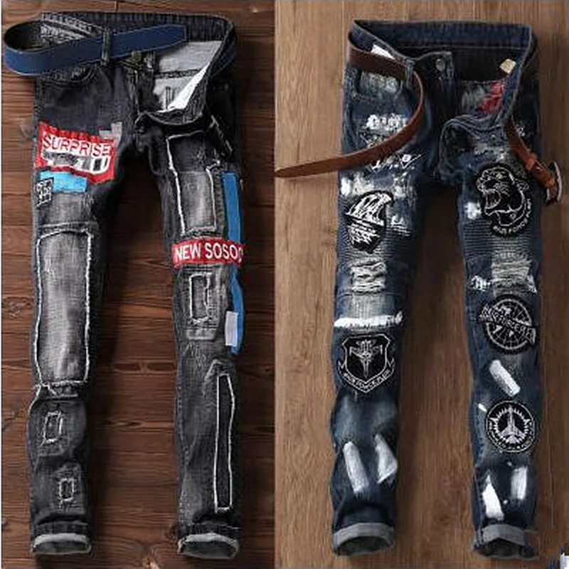 Синие мужские байкерские джинсы с принтом рваные облегающие джинсовые брюки в