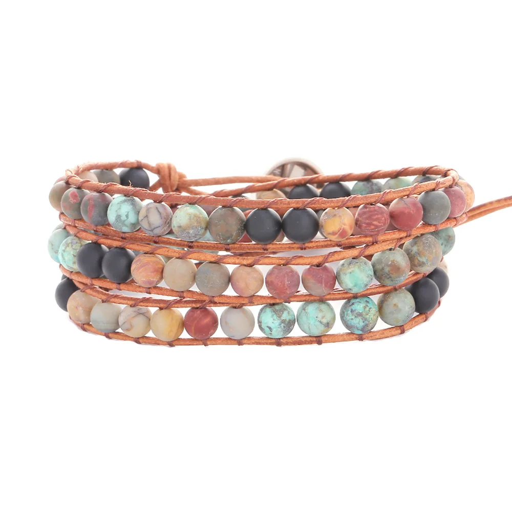 

Top Quality Natural Stone 3 Layer Leather Bracelet Wrap Africa Beaded Bracelets Wholesale Fashion Bracelets