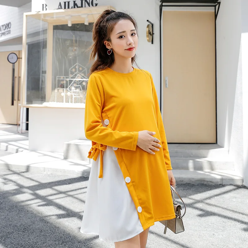 

Autumn Fashion OL Patchwork Women Pregnant Dress Loose Lady Maternity Dresses for Photo Shoot Pink Yellow Black M-2XL Plus Size