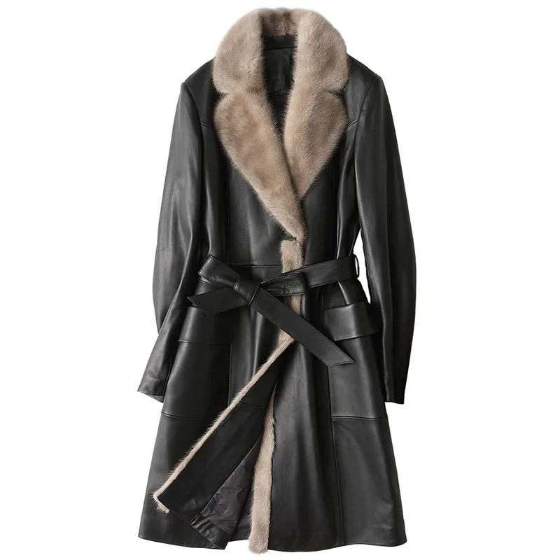 

New Winter Jacket Women Clothes Down Coat Genuine Leather Jacket Women Sheepskin Coat Mink Fur Collor Slim Long Coat Z628
