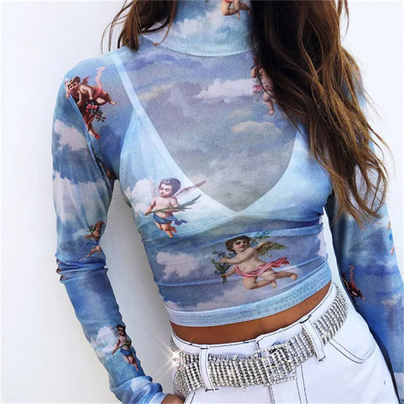 

Cute Angel Print T shirts Women Summer See-through Sheer Mesh Fishnet Long Sleeve Female Turtleneck Tees New Fashion