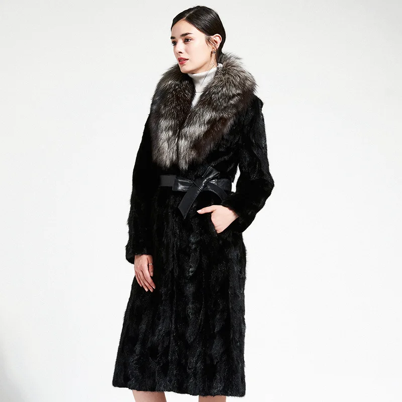

2019 Autumn Winter Elegant Thick Long Jacket with Belt Real Fur Coat Fox Fur Collar Winter Warm Mink Fur Coats Women A149