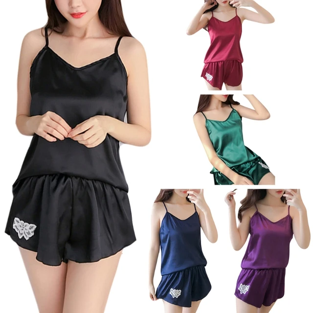 Fashion New 1 Set Women's Sexy Faux Silk Sleeveless Camis Pajamas Set Girls Lady Female Flower Embroidery Deep V-neck Sleepwear