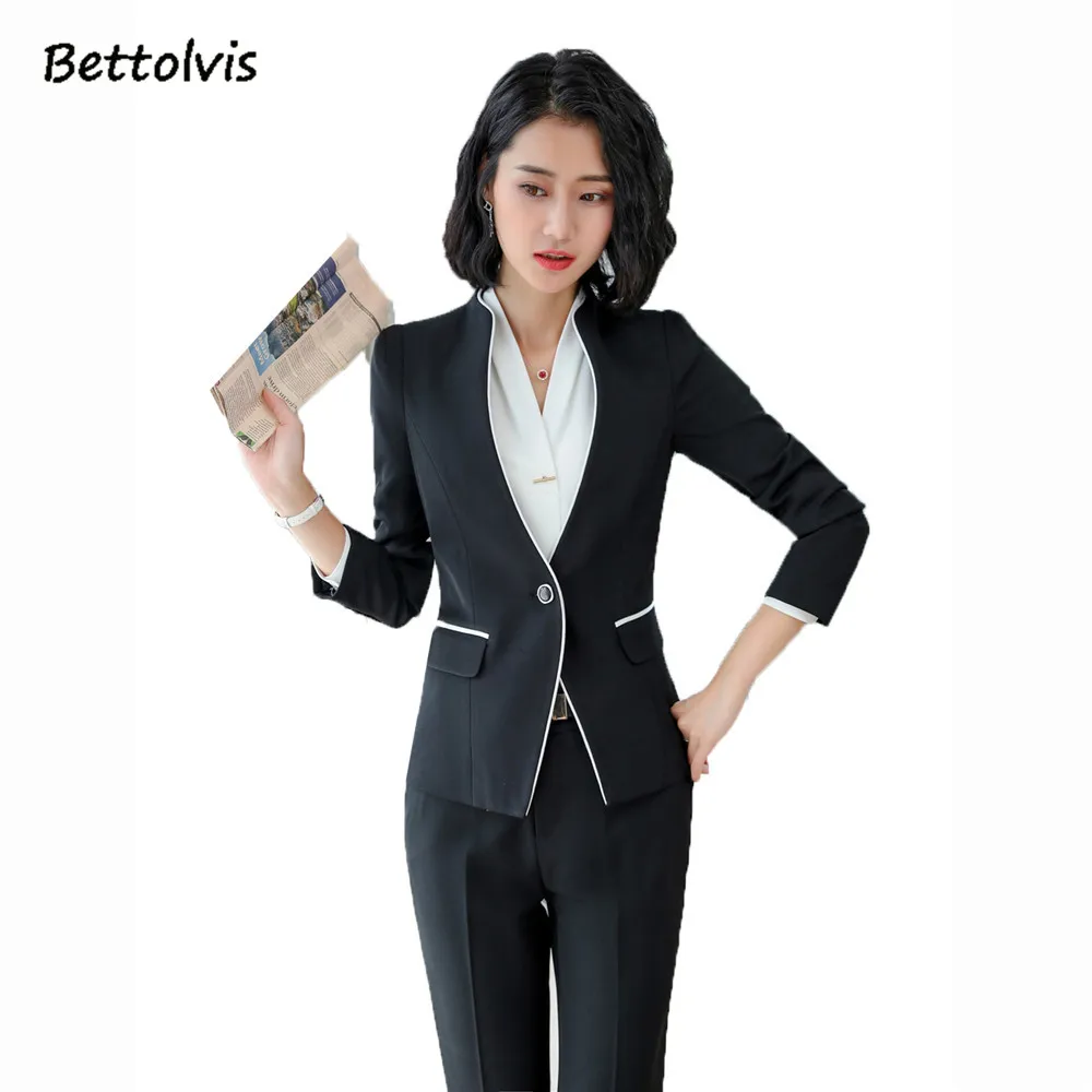 

2019 Autumn Winter female pant suits traje mujer work wear long sleeve blazer with Trousers 5XL Gray Falda suits terno feminino