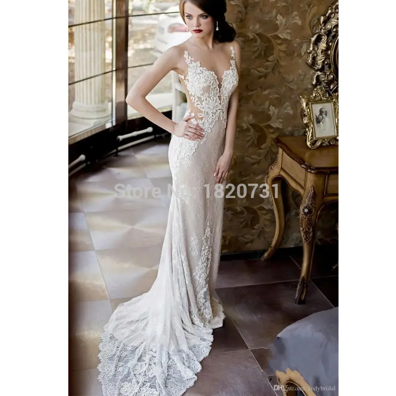 Кружевное свадебное платье с отстегивающейся юбкой русалки открытой спиной и