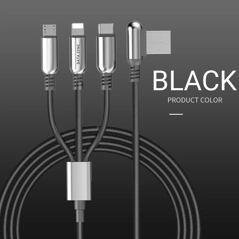 hoco 3в1 usb кабель для lightning микро юсб usb тип c для быстрой зарядки угловой реверсивный юсб разъем провод зарядное устройство для iphone xiaomi samsung прочный зарядный шнур тайп си micro usb лайтнинг зарядник - Цвет: Black