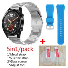 5in1/pack For Huawei watch gt strap Metal Stainless steel bracelet smart watch silicone band watch GT glass screen protector