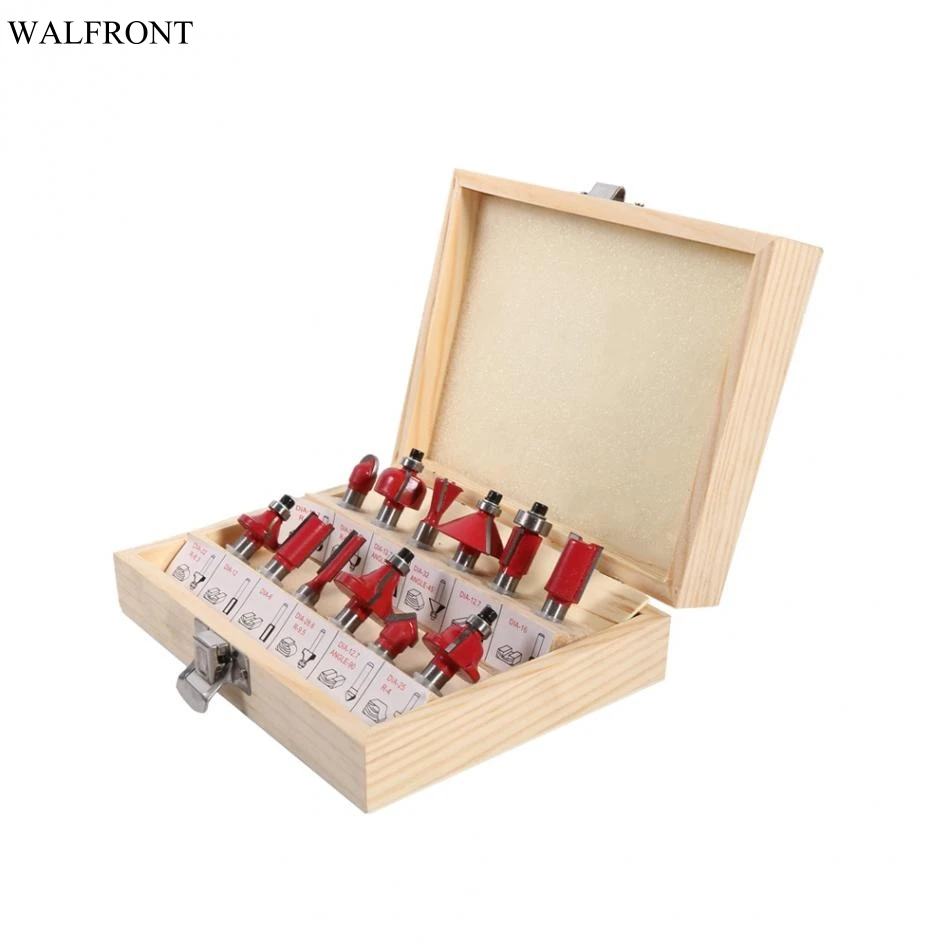 

12Pcs/case Router Bits 8mm Shank Cemented Carbide Router Bit Woodworking Cutter Bit Set in Wood Case Box