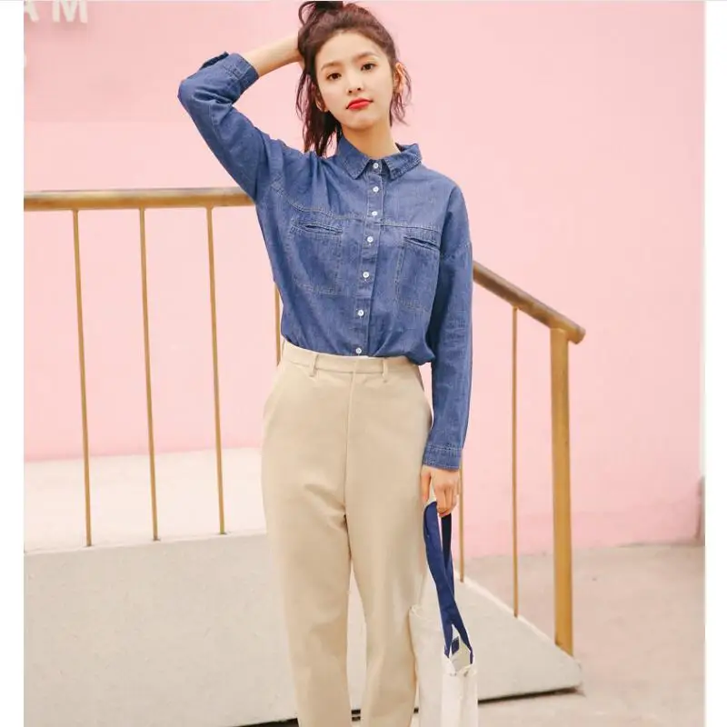 Retro Jeans shirts Long sleeves Denim Shirt turn town collar washed