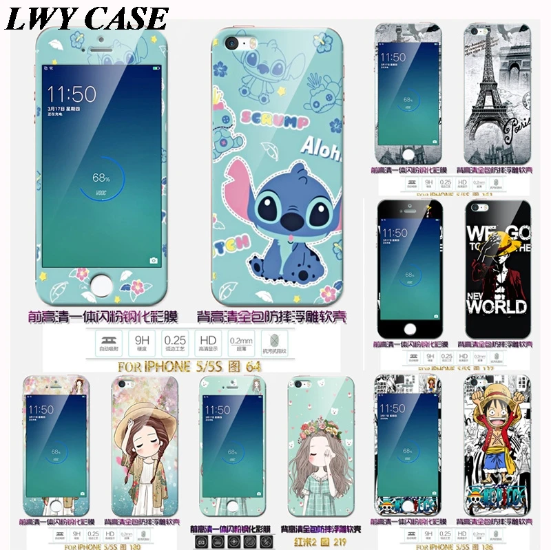 Goedkoop Voor iPhone 6 6 S Plus 5 5 S 5se Screen Beschermfolie Gehard Glas + Leuke Cartoon Eiffeltoren Stitch Zachte TPU Case