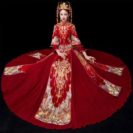 Традиционное китайское платье красного цвета размера плюс 4XL 5XL 6XL, длинное вечернее платье с вышивкой