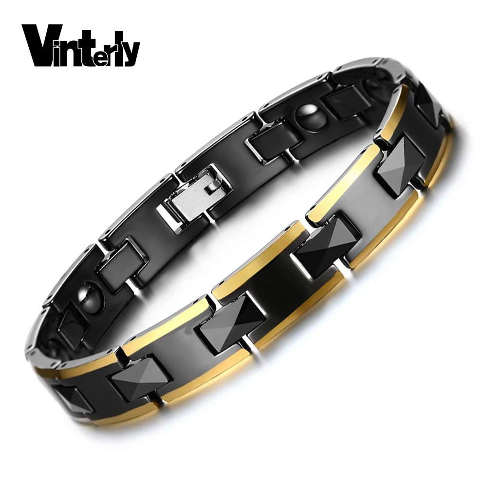 Vintely черный браслет звено цепи для Для мужчин энергии магнитный браслет из гематита преимущества Керамика золото-цвет Браслеты Для мужчин Jewellery