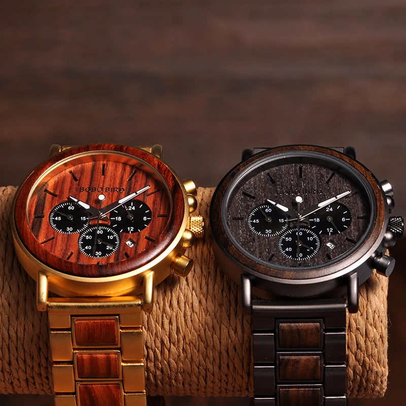 BOBO BIRD Gold Watch Men Luxury Brand Wooden Wristwatches Date Display Stop Watches reloj golden hour