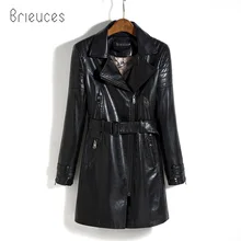 Brieuces, женская кожаная куртка средней длины,, новинка, осень размера плюс, 5XL, черный/армейский зеленый, плетеные пояса, женское кожаное пальто