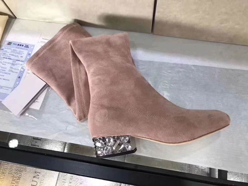 Luxury Colorful Rhinestone Women Over The Knee Boots Nature Suede Leather Round Toe Low Heels Casual Shoes Women Long Boots 2018