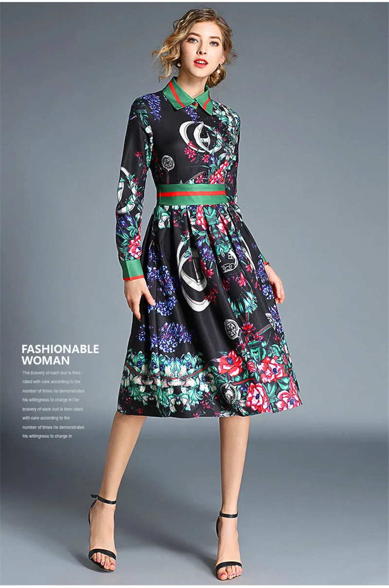 

Fashion Autumn Casual Loose Full Sleeve Print Lady Clothing Turn-down Collar Mid-Calf With Sashes Mid-Waist Woman Dresses