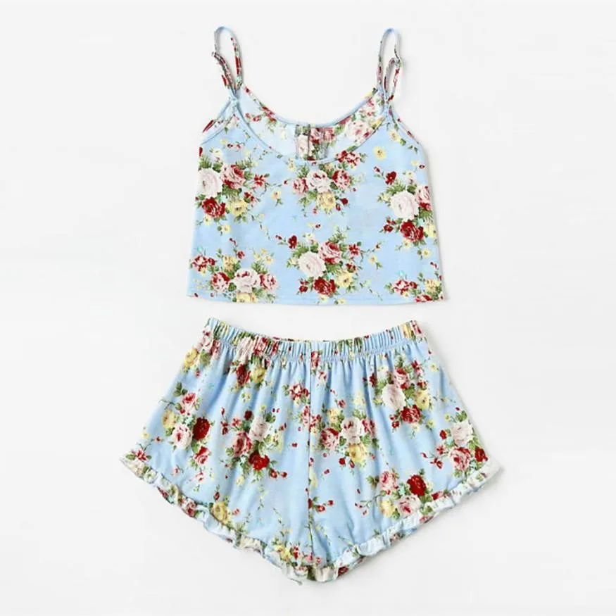 

2 Piece Set Women Floral Printing Sling Strap Top Conjunto Feminino Ruffles Cord Shorts Outfit Set Roupas