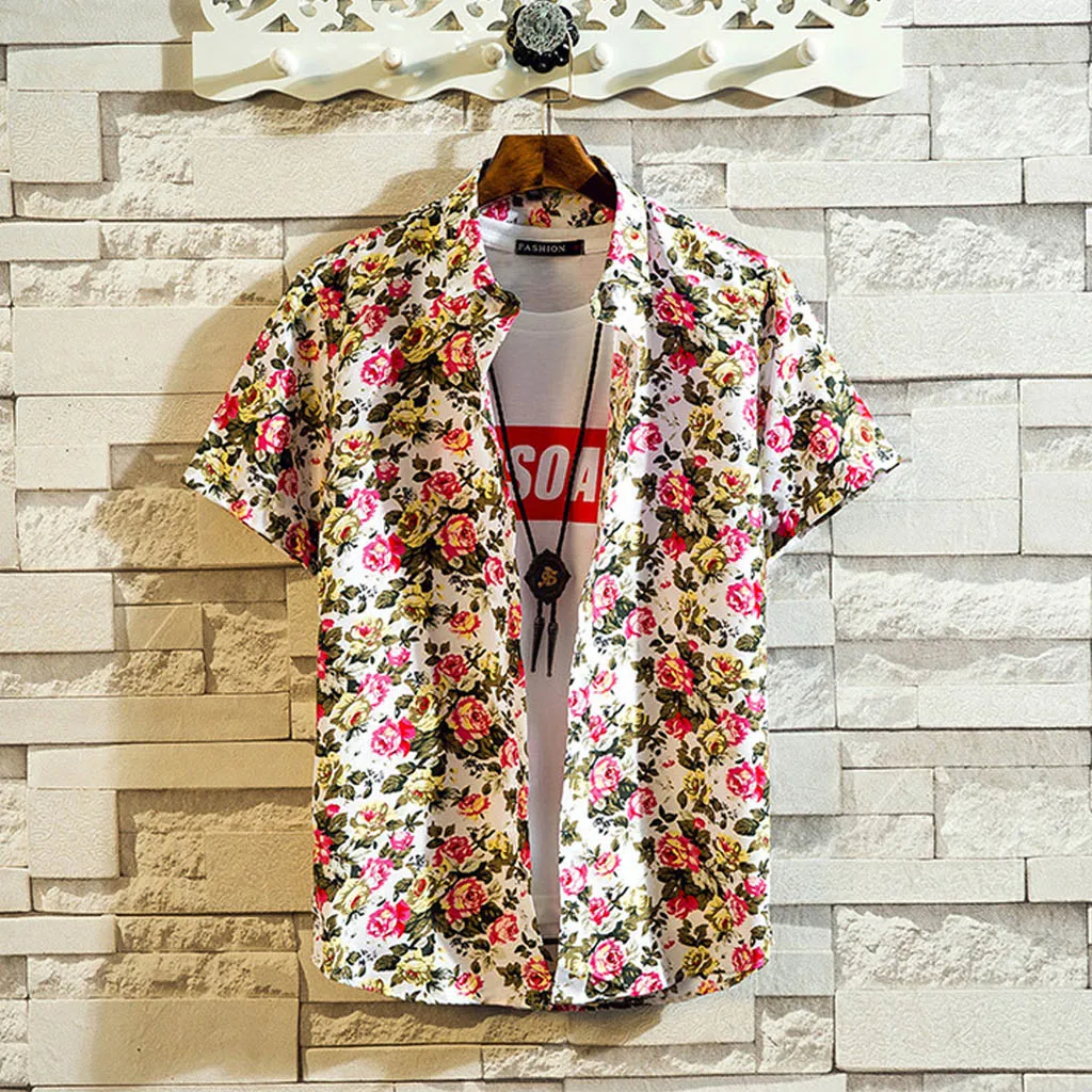 

Hawaiian Vacation Beach Tops Men Shirts Casual Short Sleeve Loose Floral Print Plus Size Turn-down Collar Male Fashion shirts