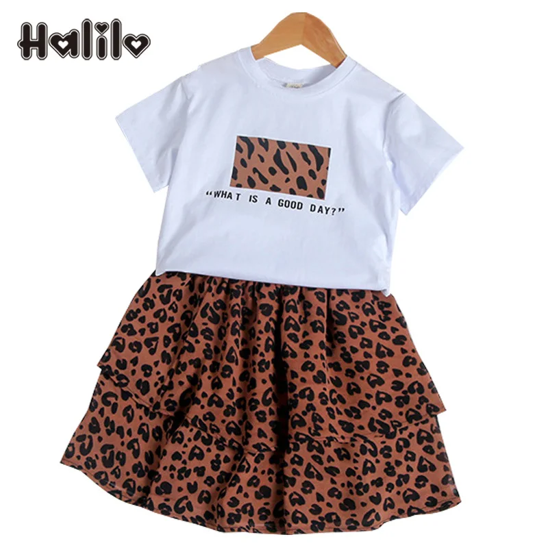 

Halilo Girls Sets Toddler Girl Summer Clothes White Tshirt Leopard Chiffon Girl Dress 2pcs Girls Outfits Kids Clothing Sets 2019