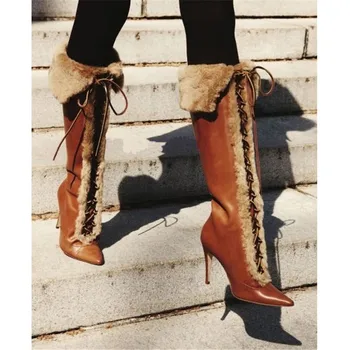 

Vintage Brown Cross-tied Boots Women Retro Fur Turn-over Edge High Heels Pointed Toe Winter Boots Runway Casual Shoes Women