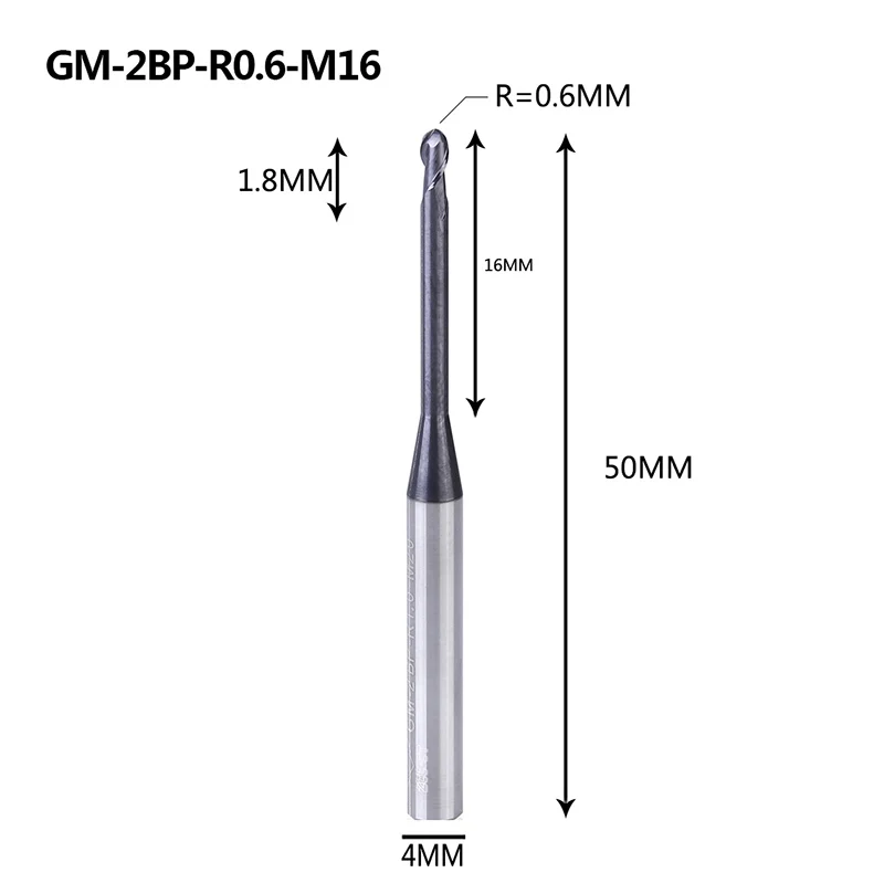 GM-2BP R0.25-0.75, Вольфрамовая сталь, 2 флейты, круглый нос, длинная шея, короткая режущая кромка, с покрытием, Концевая фреза с ЧПУ, фреза, режущие инструменты - Длина режущей кромки: GM-2BP-R0.6-M16