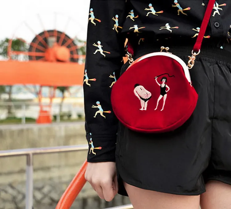 MSMO New YIZIStore Vintage Velvet Embroidery Shoulder Bags Women Messenger Bags Round Shape Clasp Bag YIZI Original Designed 07