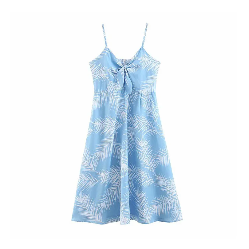 

Women Sexy V neck flower print dress Decorate with bows back zipper sleeveless casual dresses sweet chic A line vestidos