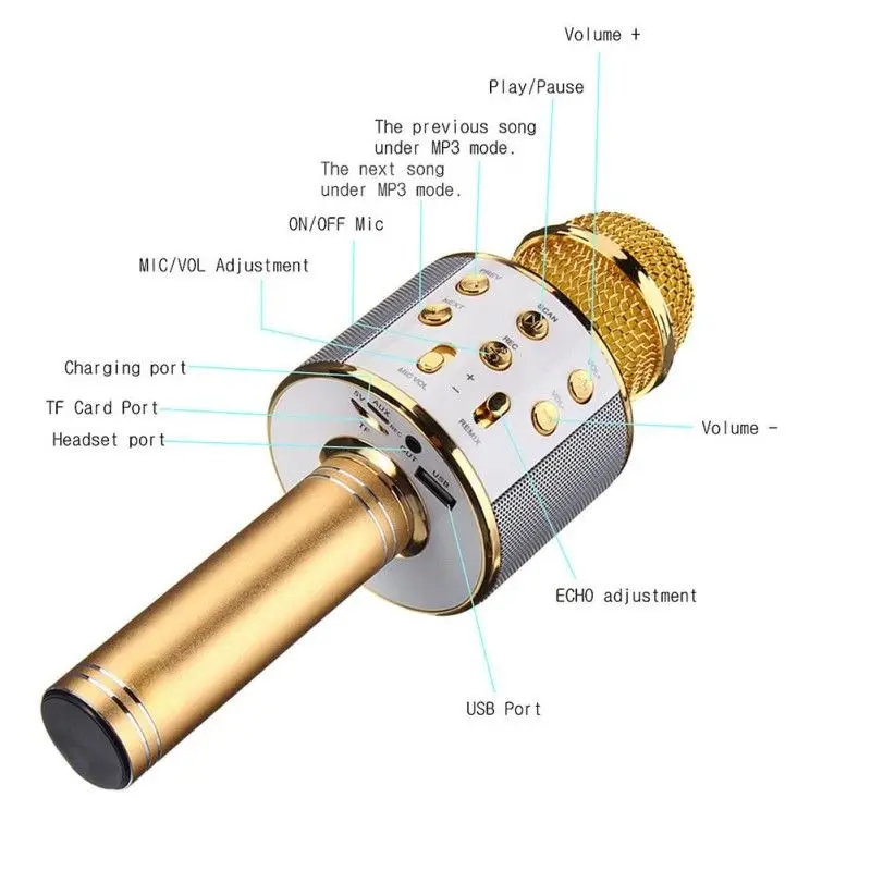 WS858 Bluetooth беспроводной микрофон динамик ручной микрофон караоке микрофон музыкальный плеер для вокала, с рекордером KTV микрофон