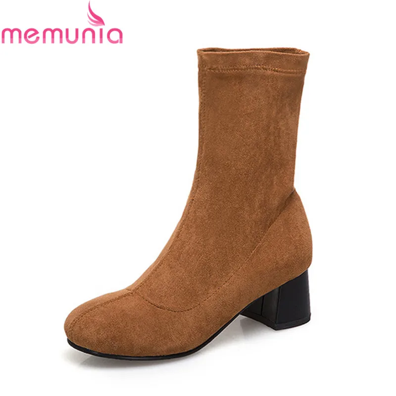 

MEMUNIA large size 33-48 new arrival 2018 boots womens round toe slip on mid calf boots flock solid 5cm high heels boots