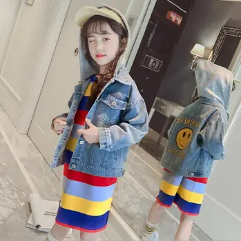 

Hot girl coat 2019 new spring dress big boy hipster children's clothing children's spring casual cartoon hooded denim shirt