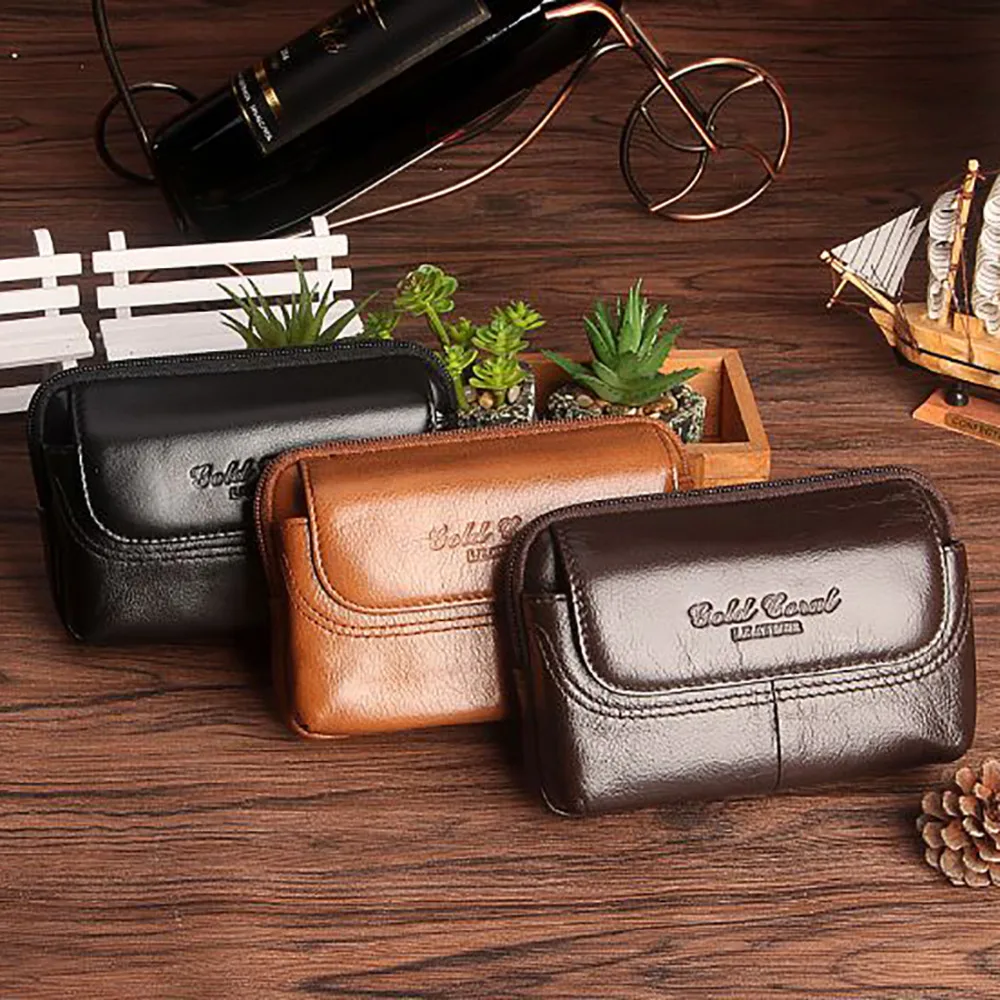 

High Quality Men Genuine Leather Waist Pack Organizer Wallets Cell/Mobile Phone Cigarette Case Cover Coin Purse Fanny Money Bag